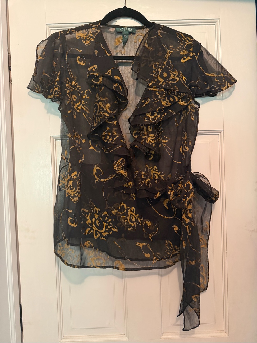 Ralph Lauren Black Sheer Wrap Blouse with Gold Floral Print